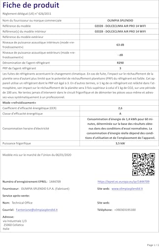 Olimpia Splendid 02028 Dolceclima Air Pro 14 Mobiles Klimagerät WiFi Ready 14.000 BTU/h, 3,52 kW, Natural Gas R290, Design Made in Italy