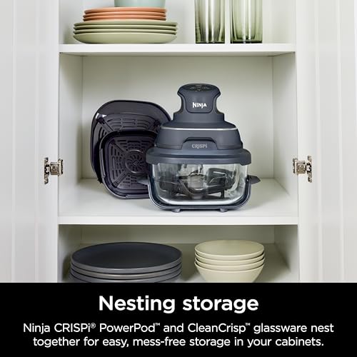 Ninja Crispi 4-in-1 Portable Glass Air Fryer Cooking System, 1500W, 4QT & 6-Cup TempWare Glass Containers with Storage Lids, Microwave, Freezer & Dishwasher Safe, Cyberspace Gray, FN101GY