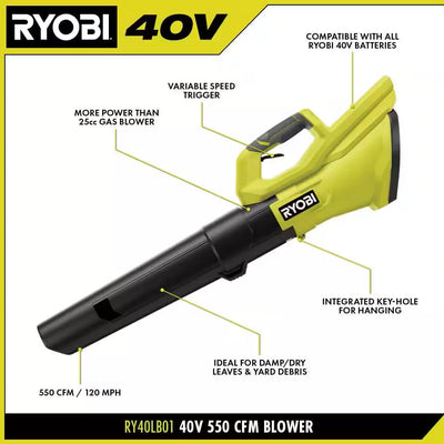 RYOBI 40-Volt Lithium-Ion Cordless Variable-Speed 120 MPH 550 CFM Leaf Blower (Tool-Only); Battery and Charger Not Included, Green, RY40LB01B