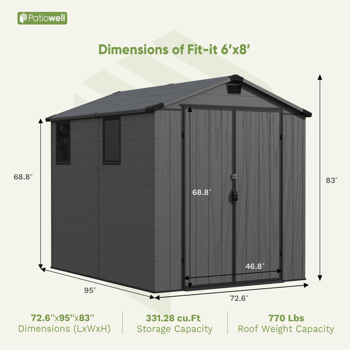Patiowell 6 x 8 FT Plastic Outdoor Storage Shed with Floor - Weatherproof Resin Tool Shed, Lockable Door & 2 Windows, Easy Assembly for Garden, Backyard, Lawn Equipment (Dark Grey)