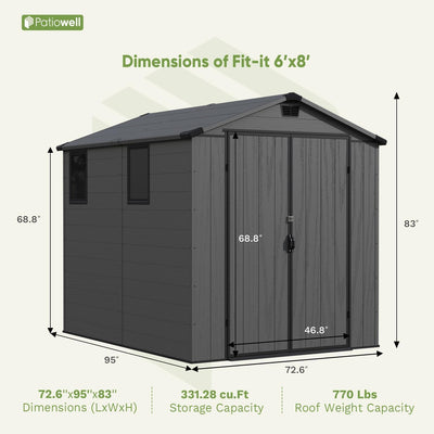 Patiowell 6 x 8 FT Plastic Outdoor Storage Shed with Floor - Weatherproof Resin Tool Shed, Lockable Door & 2 Windows, Easy Assembly for Garden, Backyard, Lawn Equipment (Dark Grey)