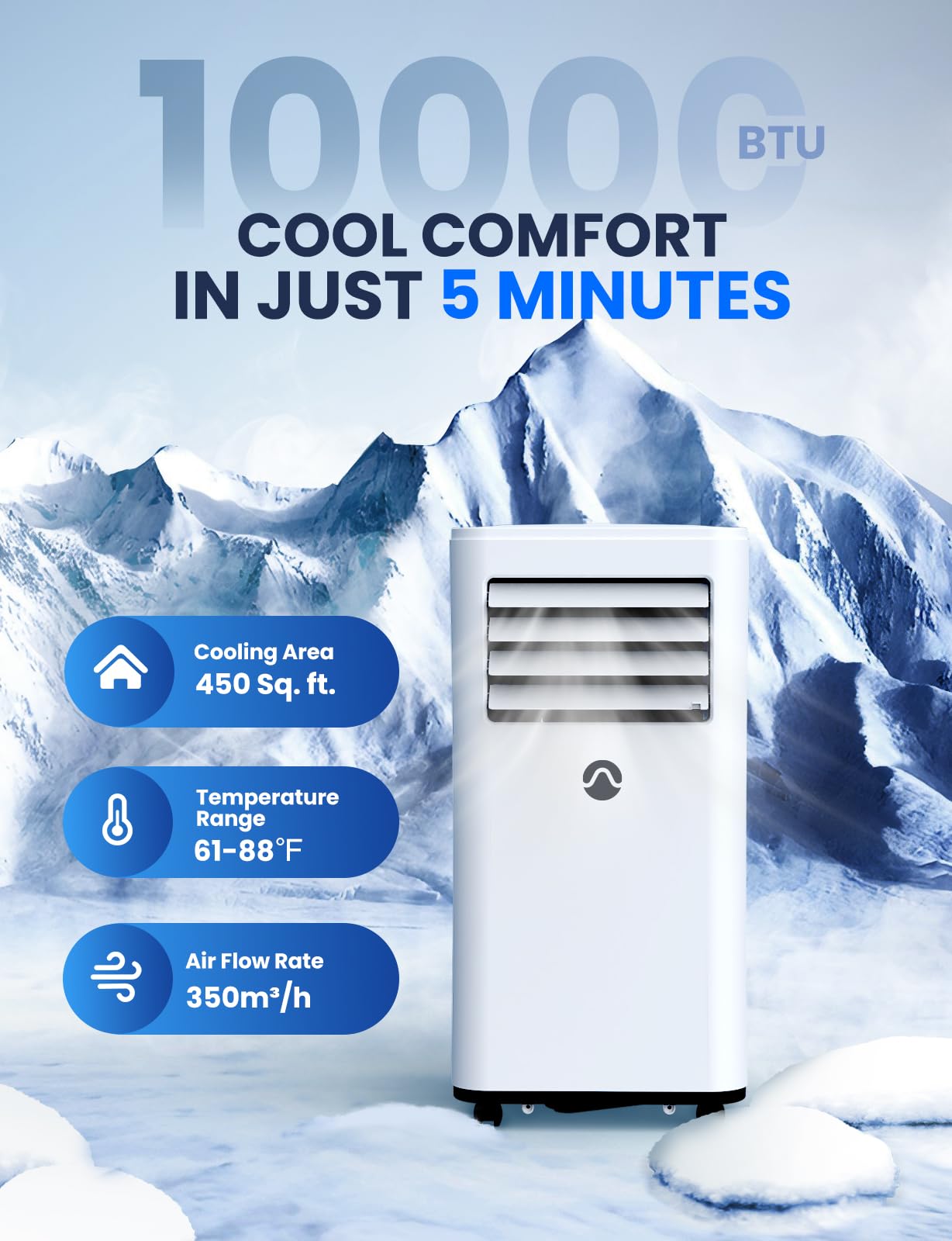 Portable Air Conditioners, 10000 BTU Air Conditioner Portable for Room up to 450 Sq. Ft., 3-in-1 Portable AC Unit with Digital Display, Remote Control, Window Installation Kit, 24H Timer, Sleep Mode