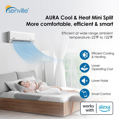 Senville AURA Series Mini Split Air Conditioner Inverter Heat Pump, 24000 BTU, Works with Alexa, Energy Star, White