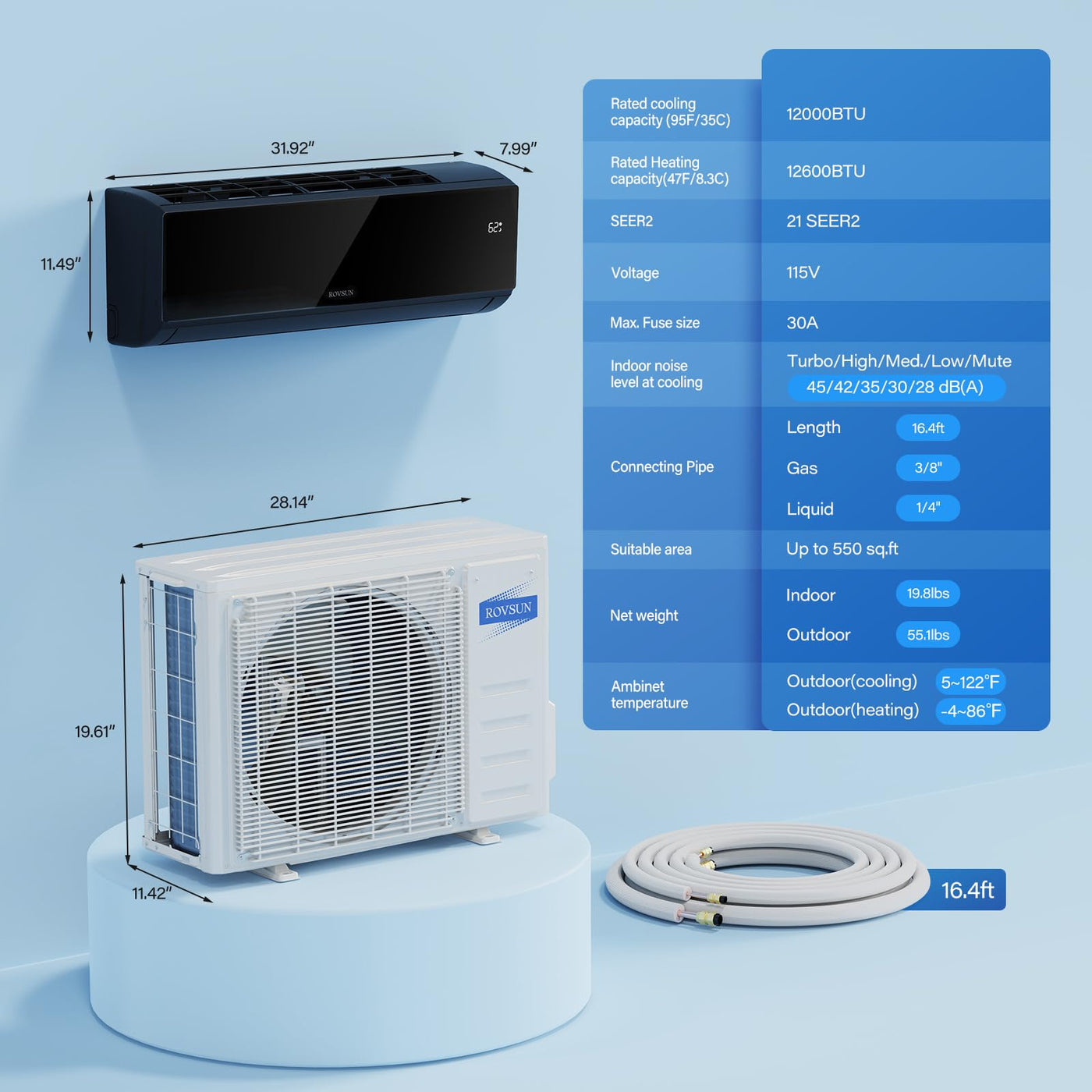 ROVSUN 12,000 BTU Mini Split Air Conditioner & Heater with Smart APP Control, 21 SEER2 115V Energy Saving Inverter Ductless Wall AC Unit with Pre-Charged Condenser, Heat Pump & Installation Kit, Black