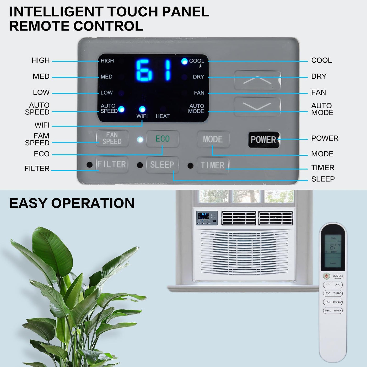 ROVSUN 8000 BTU Air Conditioner Window Unit with Heat, 4-in-1 Window AC Unit Cooler, Heater, Dehumidifier & Fan with Timer, Remote Control & Installation Kit for Rooms up to 350 Sq. Ft, 115V/60Hz