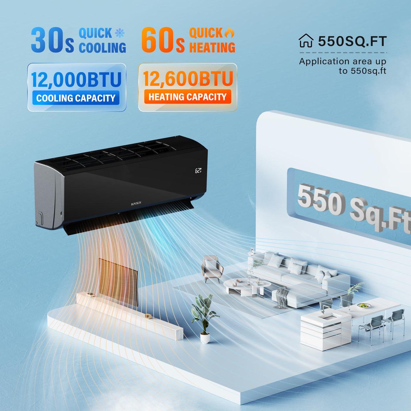 ROVSUN 12,000 BTU Mini Split Air Conditioner & Heater with Smart APP Control, 21 SEER2 115V Energy Saving Inverter Ductless Wall AC Unit with Pre-Charged Condenser, Heat Pump & Installation Kit, Black