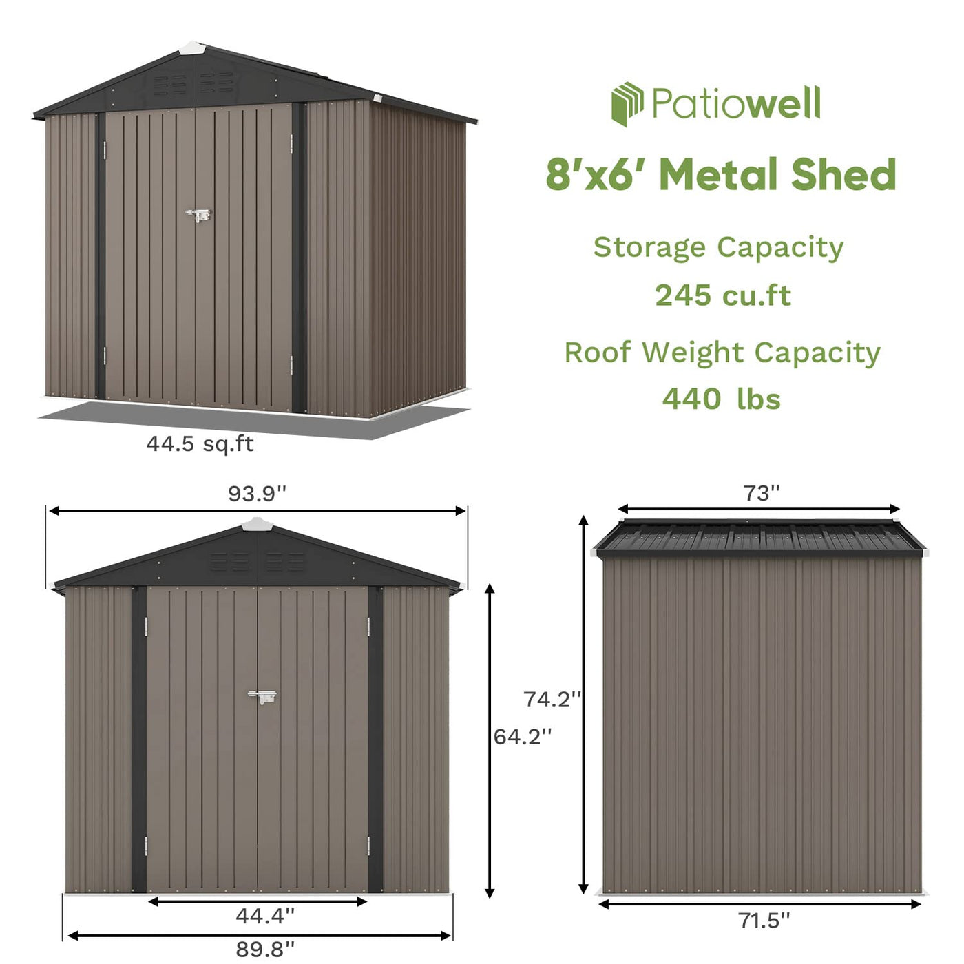 Patiowell 8x6 FT Outdoor Storage Shed, Metal Tool shed & Outdoor Storage with Lockable Doors & Air Vents, for Backyard Garden Patio, Brown
