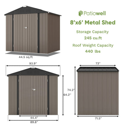 Patiowell 8x6 FT Outdoor Storage Shed, Metal Tool shed & Outdoor Storage with Lockable Doors & Air Vents, for Backyard Garden Patio, Brown