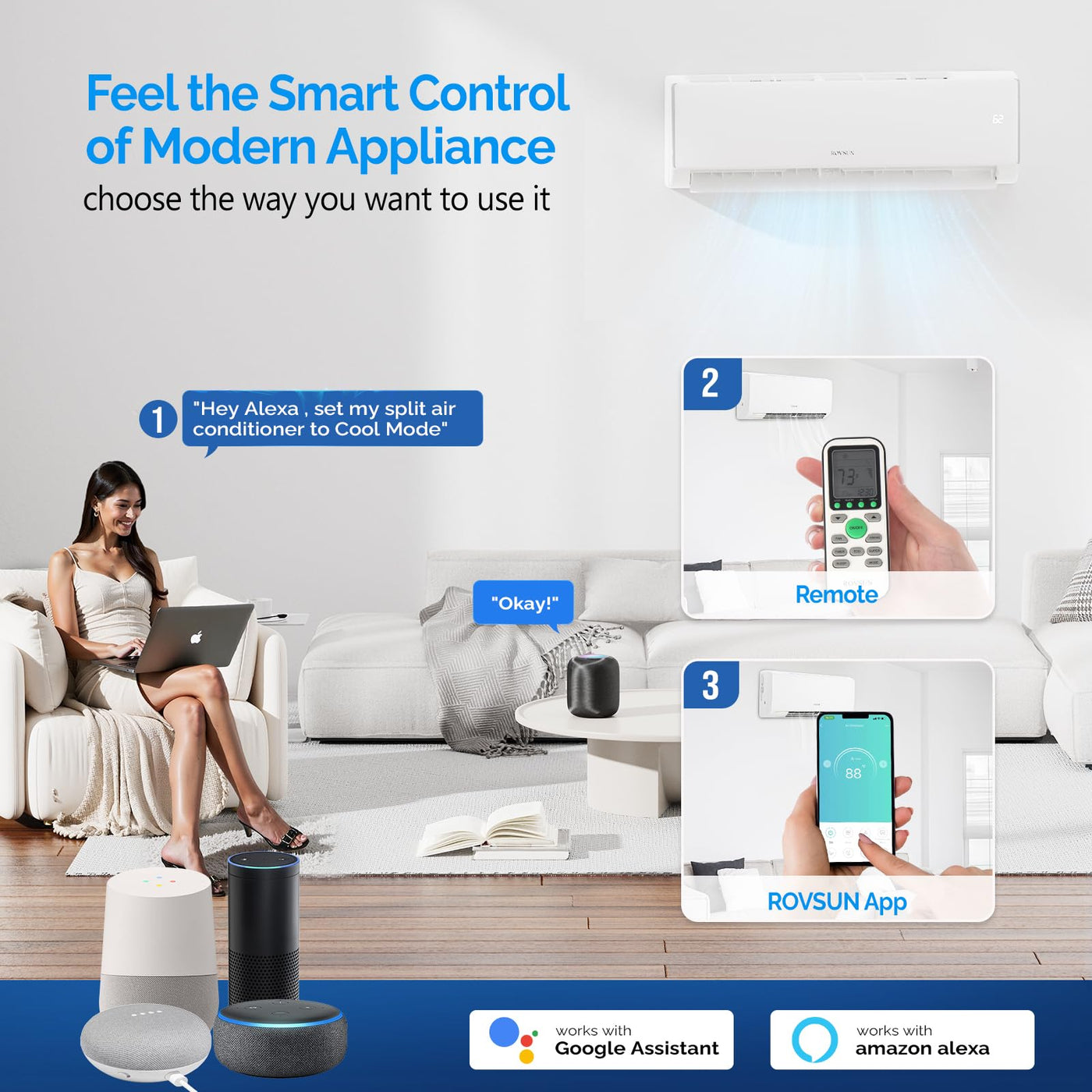 ROVSUN 11500 BTU Wifi Enabled Mini Split Air Conditioner & Heater, 17 SEER2 115V Inverter Ductless Wall AC Unit with Pre-Charged Condenser, Heat Pump & Installation Kit