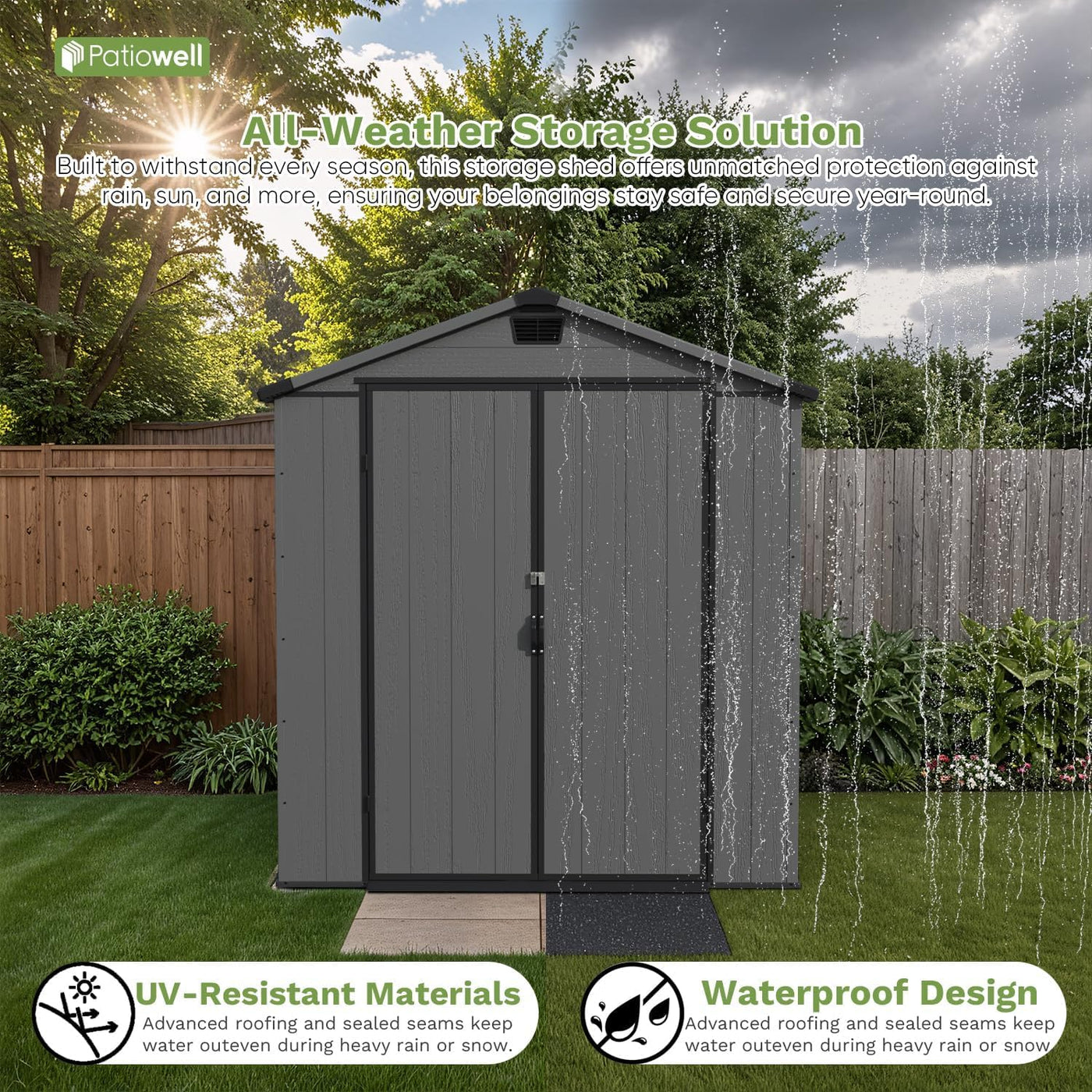 Patiowell 6 x 8 FT Plastic Outdoor Storage Shed with Floor - Weatherproof Resin Tool Shed, Lockable Door & 2 Windows, Easy Assembly for Garden, Backyard, Lawn Equipment (Dark Grey)