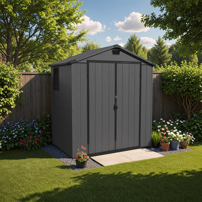 Patiowell 6 x 4 FT Plastic Outdoor Storage Shed with Floor, Resin Outside Tool Shed with Window and Lockable Door for Backyard, Garden, Tool Storage Use, Easy to Install, Dark Grey