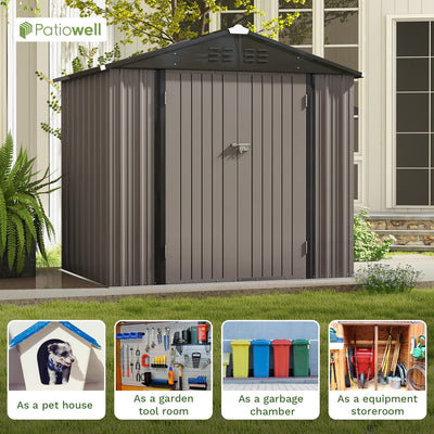 Patiowell 8x6 FT Outdoor Storage Shed, Metal Tool shed & Outdoor Storage with Lockable Doors & Air Vents, for Backyard Garden Patio, Brown
