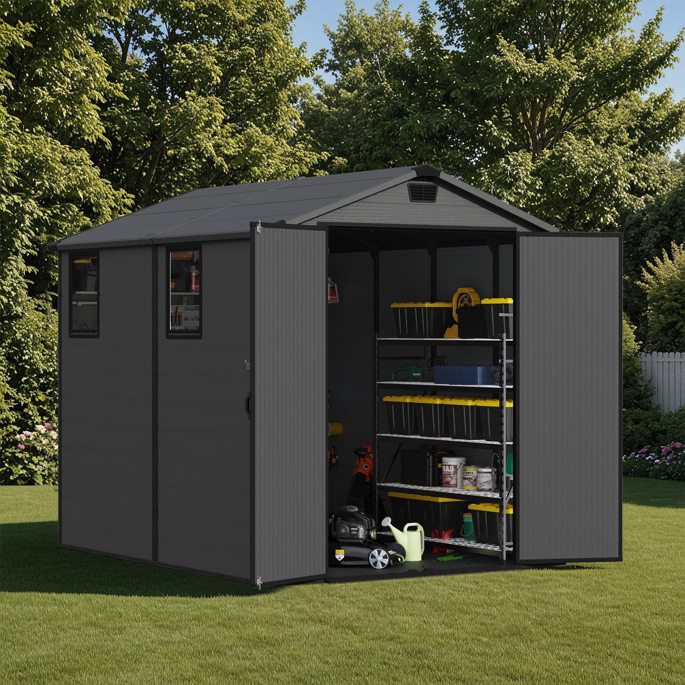 Patiowell 6 x 8 FT Plastic Outdoor Storage Shed with Floor - Weatherproof Resin Tool Shed, Lockable Door & 2 Windows, Easy Assembly for Garden, Backyard, Lawn Equipment (Dark Grey)
