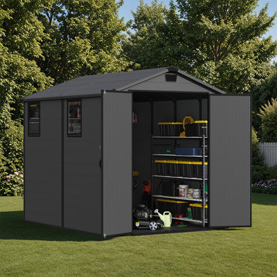 Patiowell 6 x 8 FT Plastic Outdoor Storage Shed with Floor - Weatherproof Resin Tool Shed, Lockable Door & 2 Windows, Easy Assembly for Garden, Backyard, Lawn Equipment (Dark Grey)