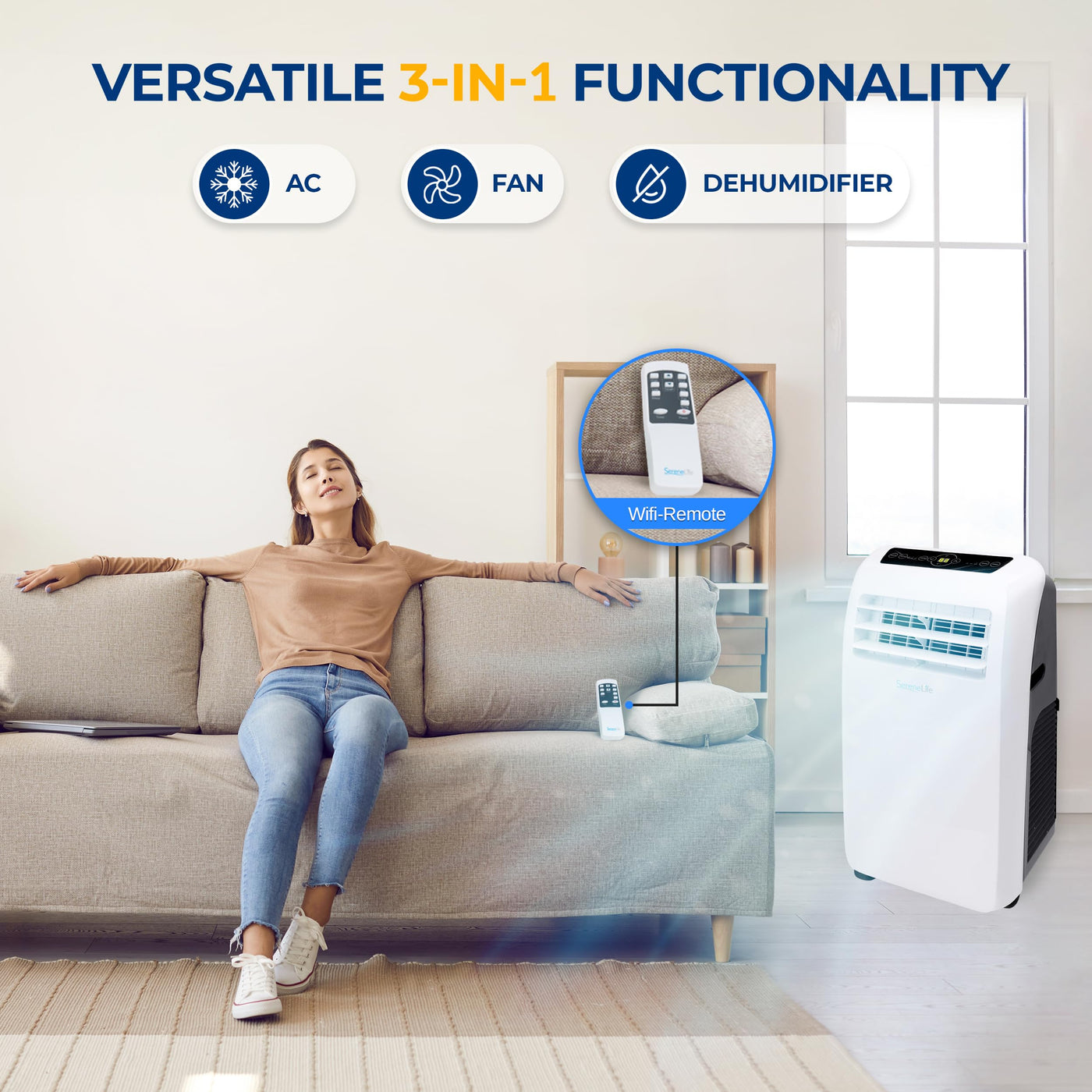 SereneLife Small Air Conditioner Portable 10,000 BTU with Built-in Dehumidifier - Portable AC unit for rooms up to 450 sq ft - Remote Control, Window Mount Exhaust Kit